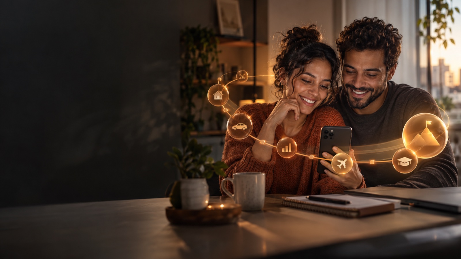 Cena ilustrativa de duas pessoas olhando para o celular, com símbolos visuais de seus objetivos.