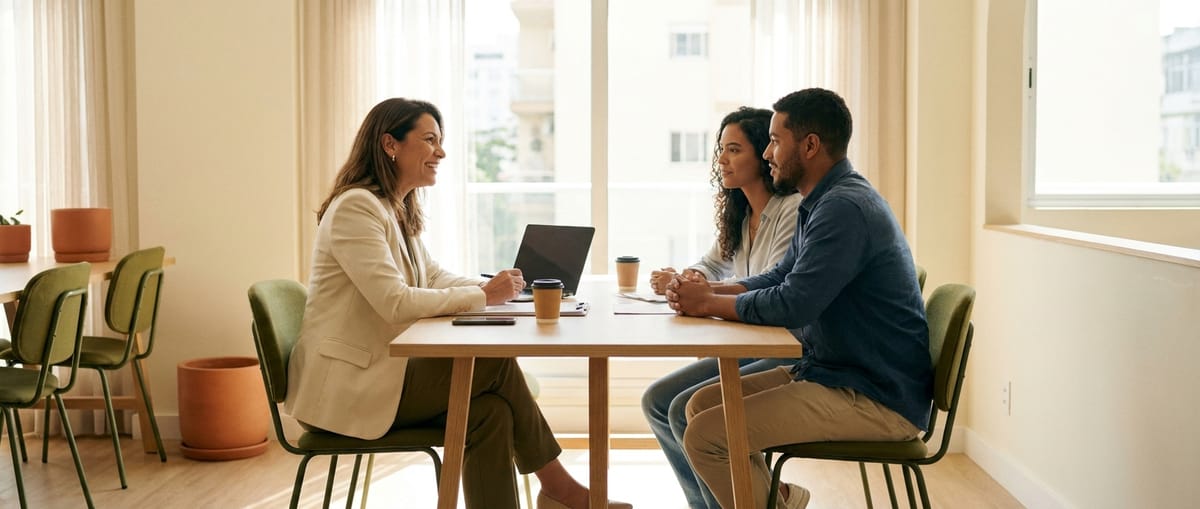 Cena ilustrativa de pessoas conversando sobre planejamento financeiro.